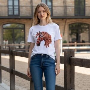 NEW White Dark Brown Horse Racing Equestrian Racing Comfy Graphic Tee T-shirt